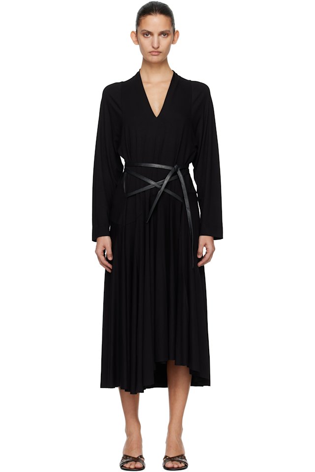 AARON ESH — Black Jersey & Leather Wrap Midi Dress