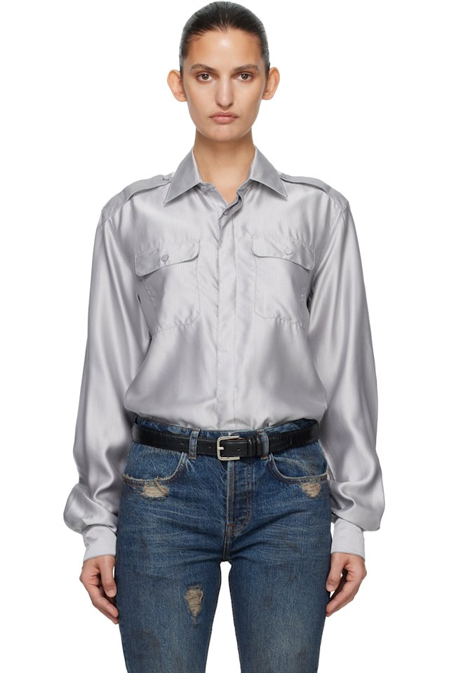 AARON ESH — Gray Silk Military Shirt