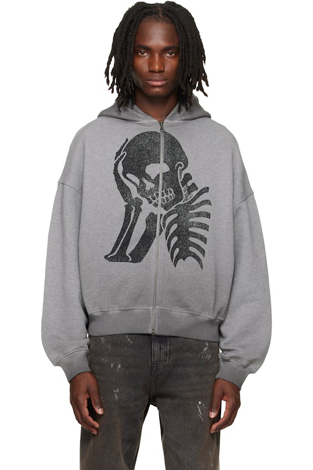 Palm Angels — Gray Skull Zipped Loose Hoodie