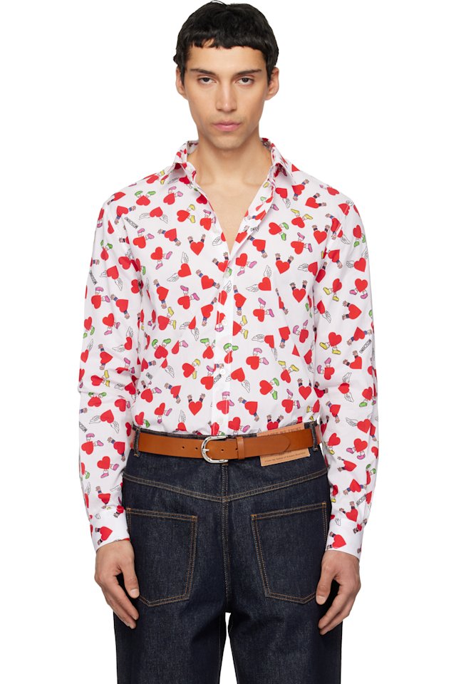 Moschino — White & Red Print Lightweight Cotton Poplin Shirt