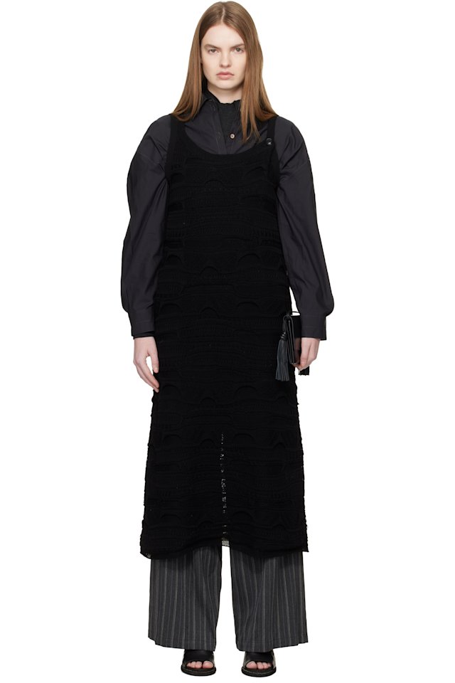 Y's — Black Solid Knit Arranged Strap Midi Dress