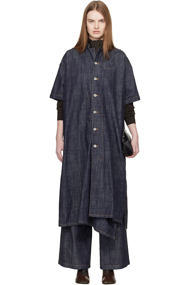 Y's — Blue Half Sleeve Box Denim Maxi Dress