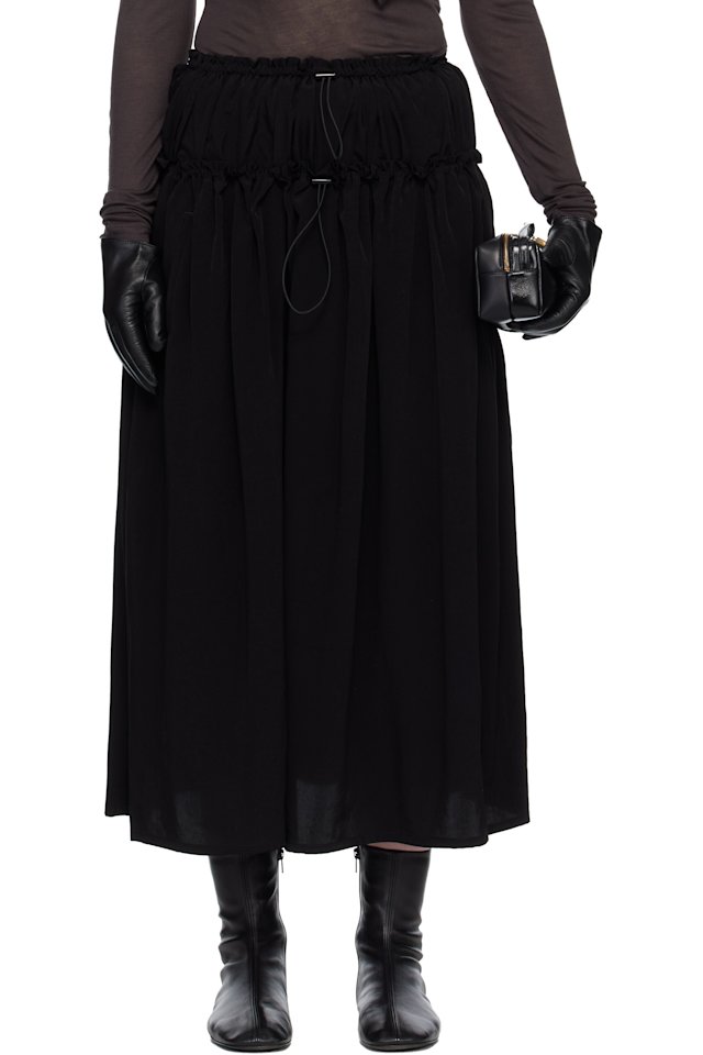 Y's — Black Crepe De Chine Double Gathered Maxi Skirt