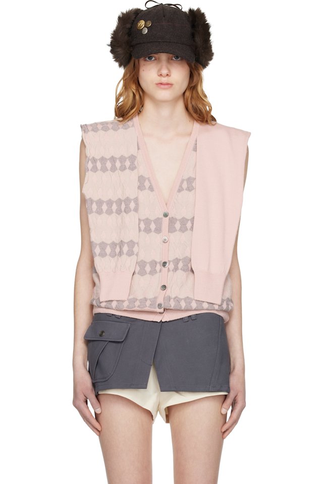 OPEN YY — Pink Jacquard Sleeve Layered Cardigan Vest