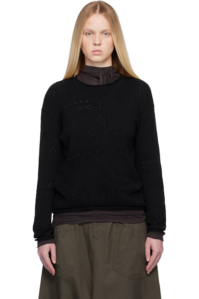 Y's — Black Patchwork Lace Curled Collar Sweater