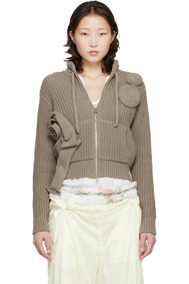 OPEN YY — Taupe Applique Knit Zipup Sweater