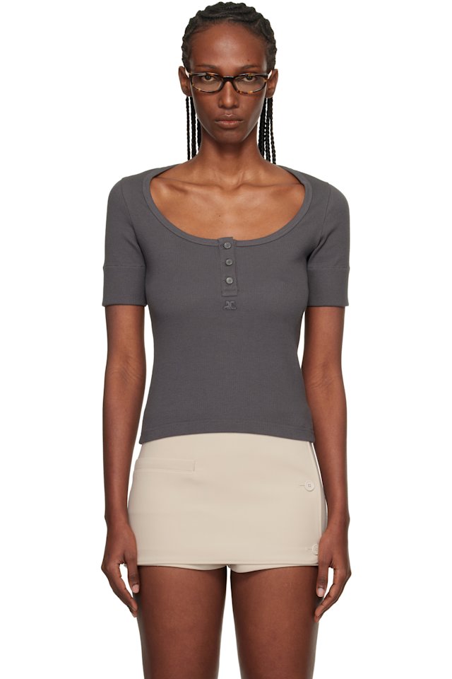 Courrèges — Gray Buttoned 90's Rib T-shirt