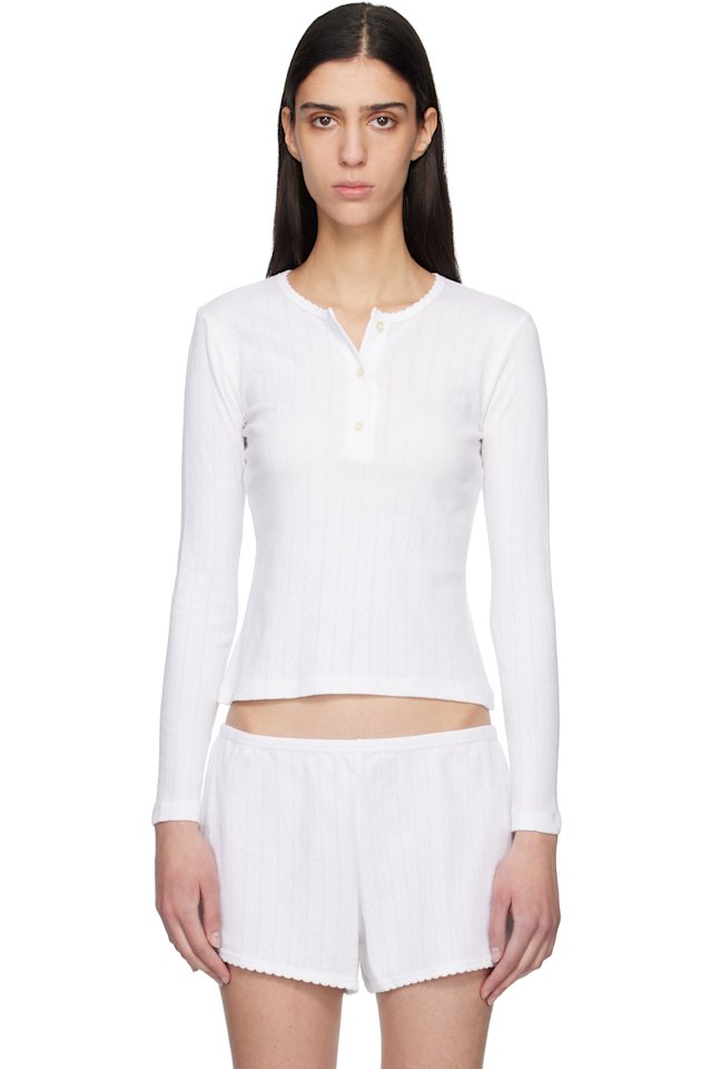 LESET — White Pointelle Long Sleeve Henley
