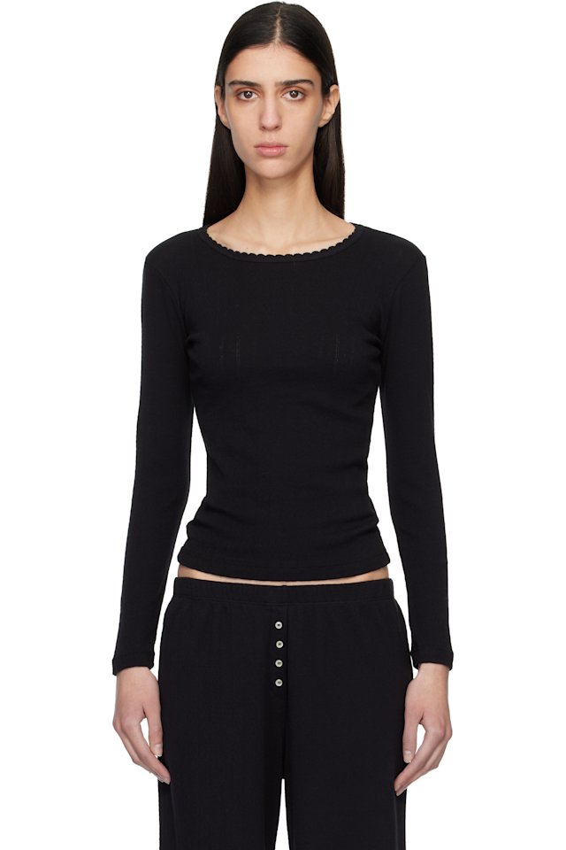 LESET — Black Pointelle Slim Fit Long Sleeve T-shirt
