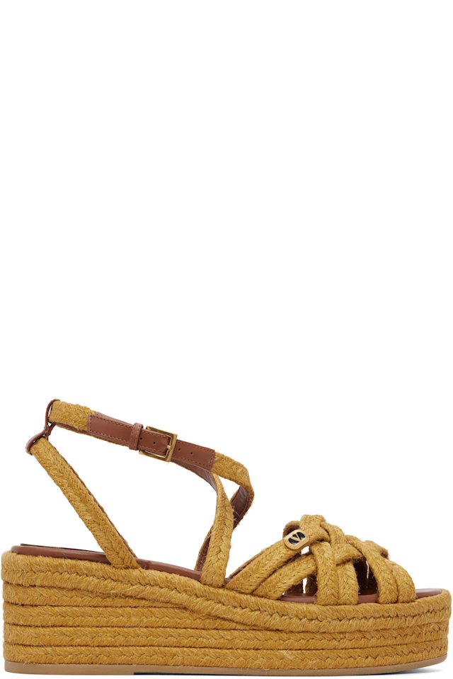 Valentino Garavani — Tan Bribri Flatform Espadrilles Heeled Sandals