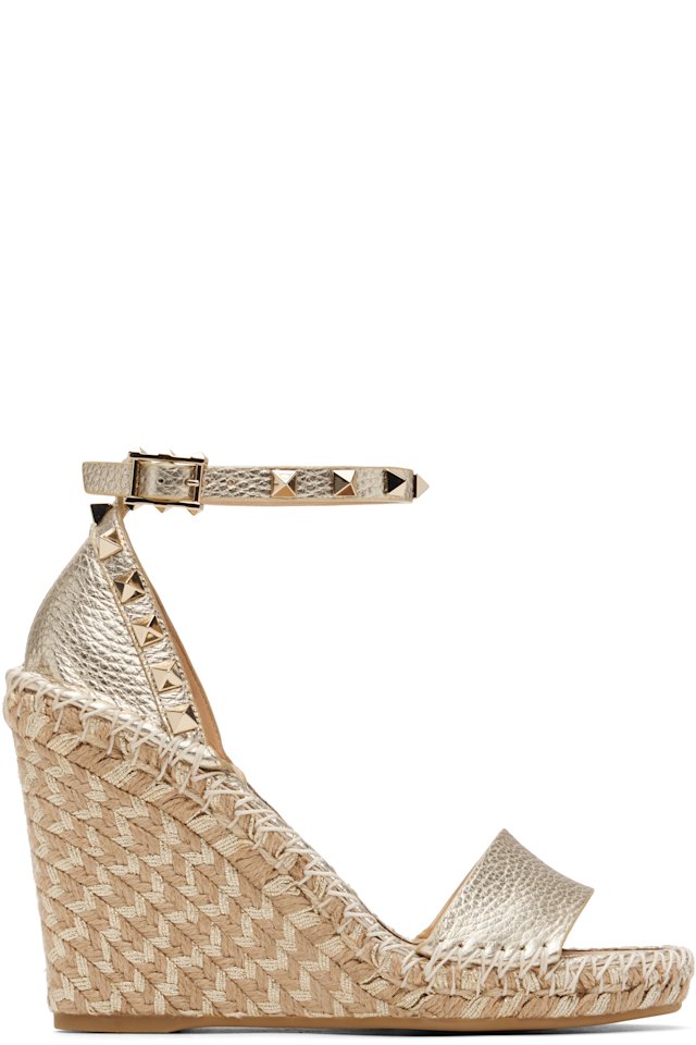 Valentino Garavani — Silver Double Rockstud Grainy Calfskin Wedge Sandals