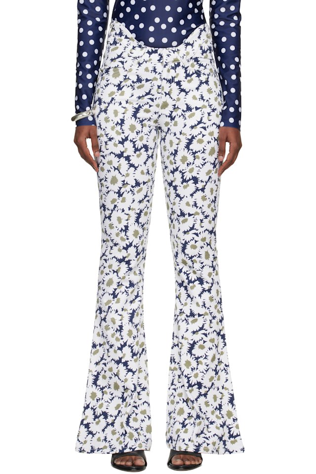Jean Paul Gaultier — White & Navy 'The Curved Flower' Jeans