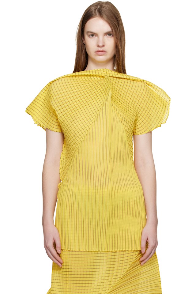 ISSEY MIYAKE — Yellow Generic Stripes Machine Pleats Blouse