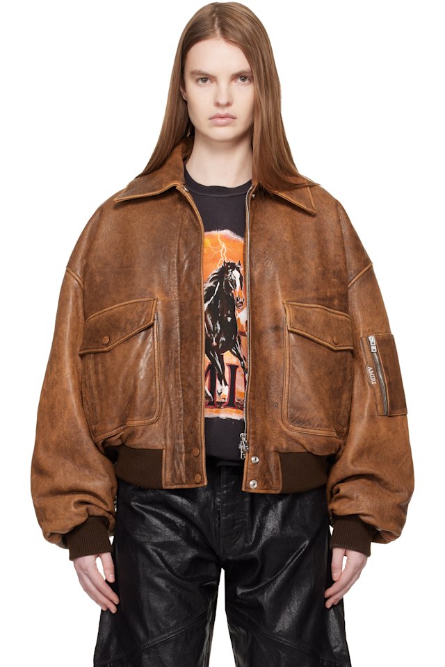 AMIRI — Tan Faded Leather Bomber Jacket