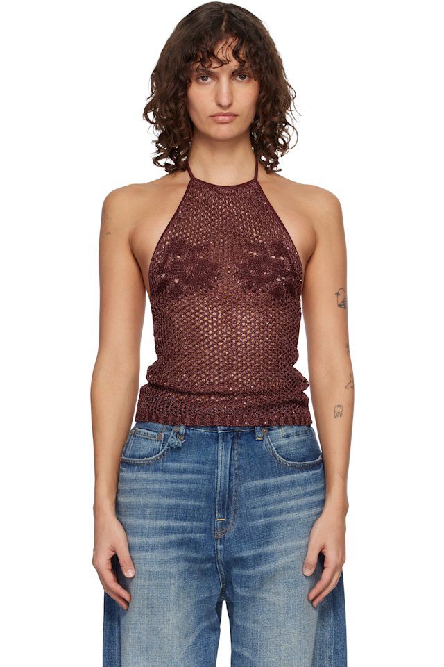 AMIRI — Burgundy Floral Crochet Open Back Tank Top