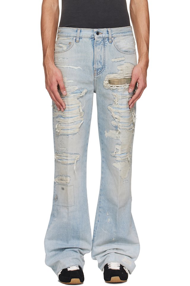 AMIRI — Blue Camo Repair Boot Cut Jeans