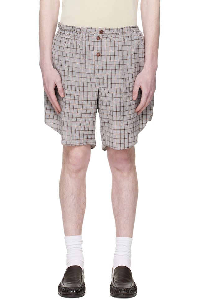 Hed Mayner — Gray & Brown Checked Shorts