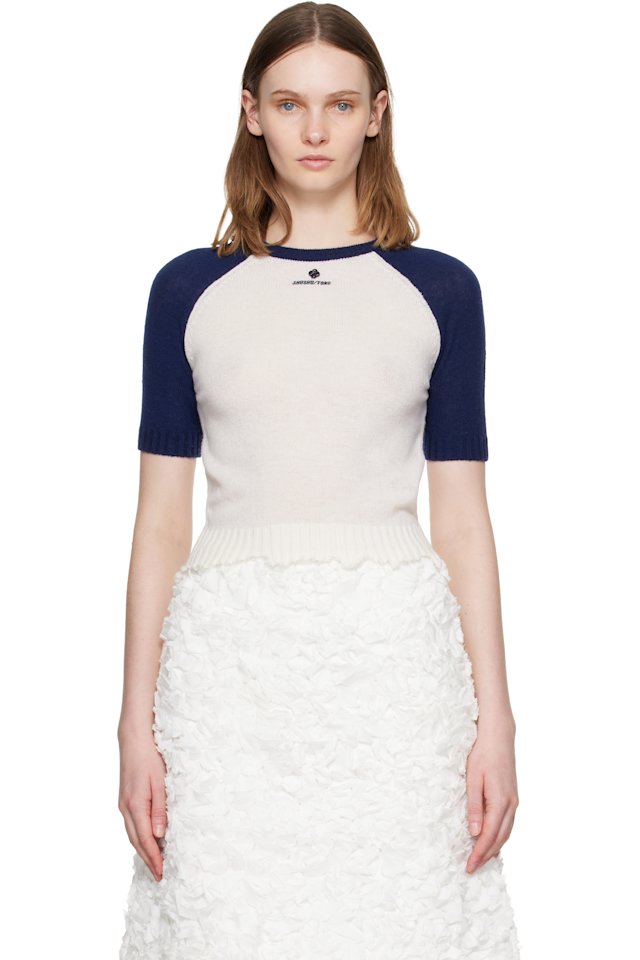 SHUSHU/TONG — White & Navy Color-Block Raw-Edge Short-Sleeve Knit Top