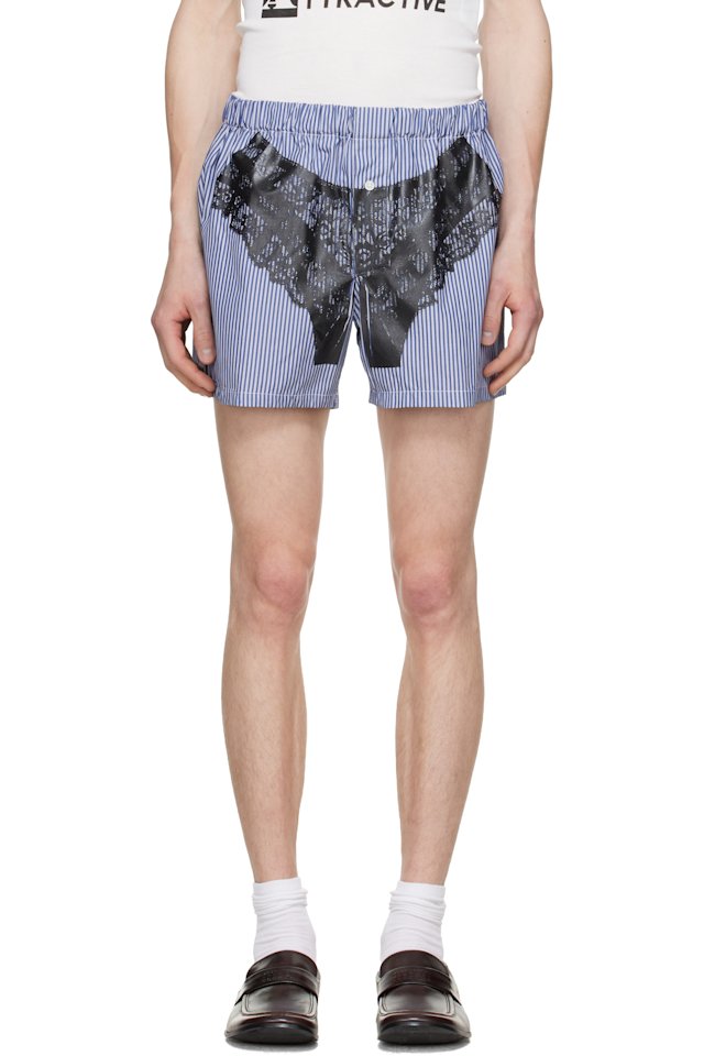 VAQUERA — Navy & White Striped Trompe L'Oeil Boxer Shorts