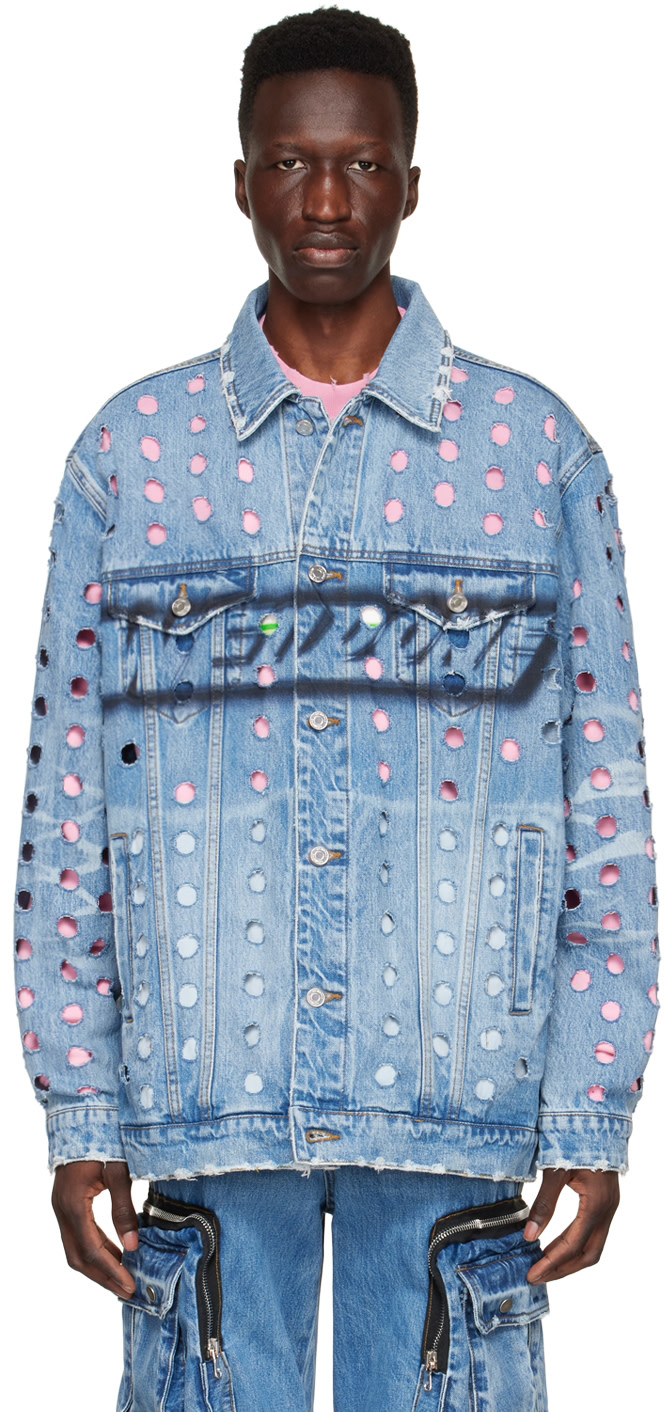 We11done: Blue Logo Denim Jacket | SSENSE