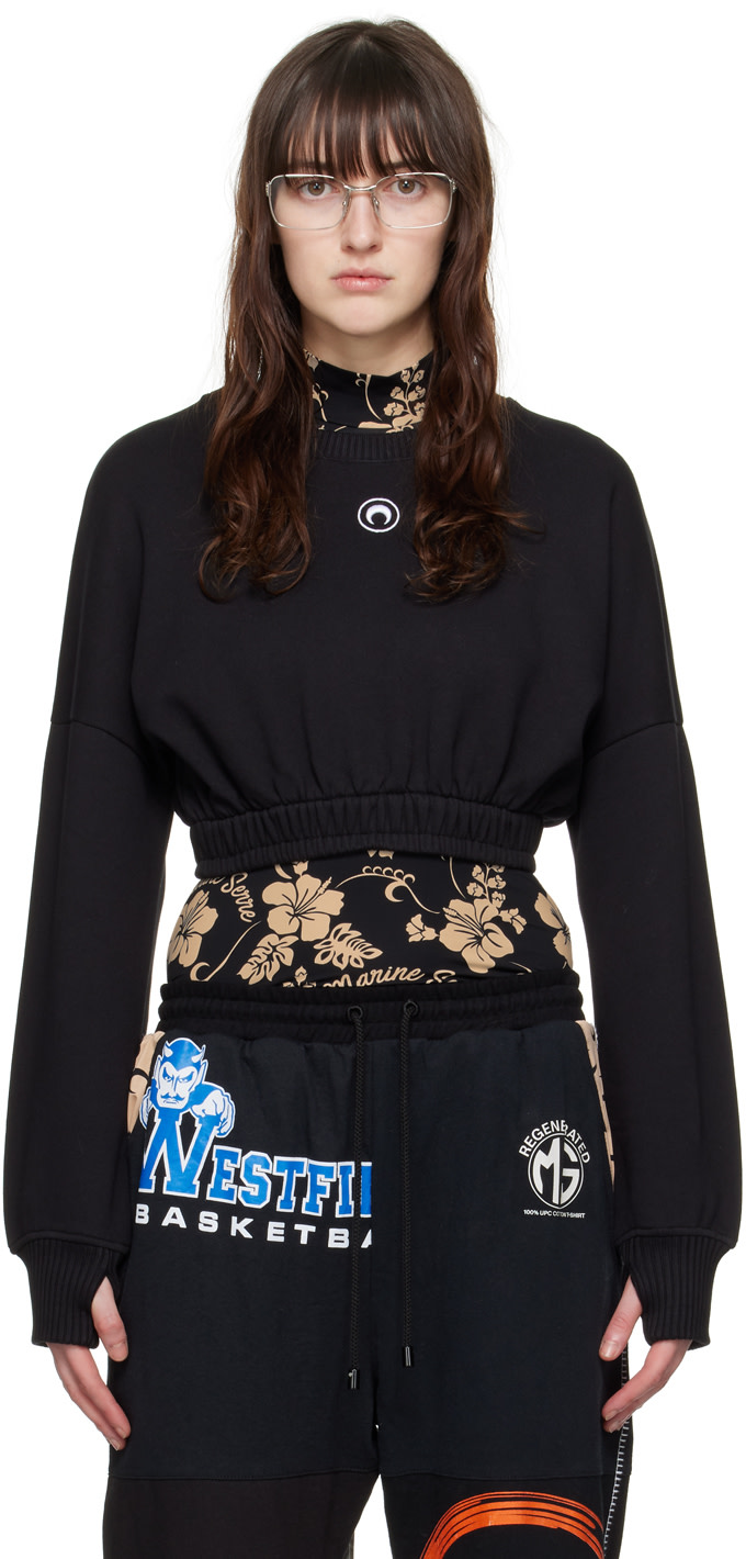 MARINE SERRE ブラック Tennis Court トップス Marine Serre: Black Cropped Sweatshirt | SSENSE Canada