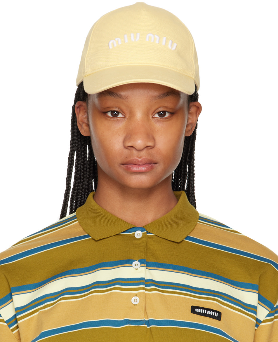Miu Miu: Yellow Washed Denim Cap | SSENSE Canada