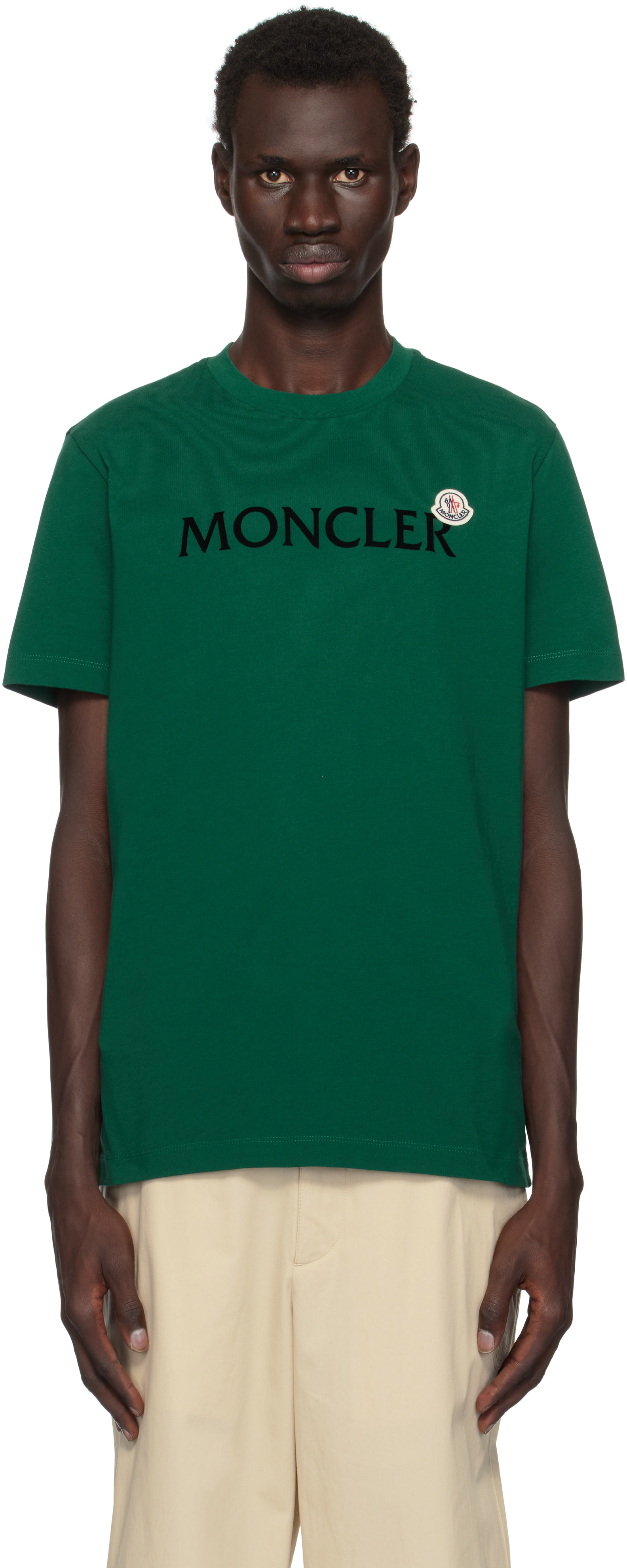 Moncler: Green Flocked Logo T-shirt | SSENSE