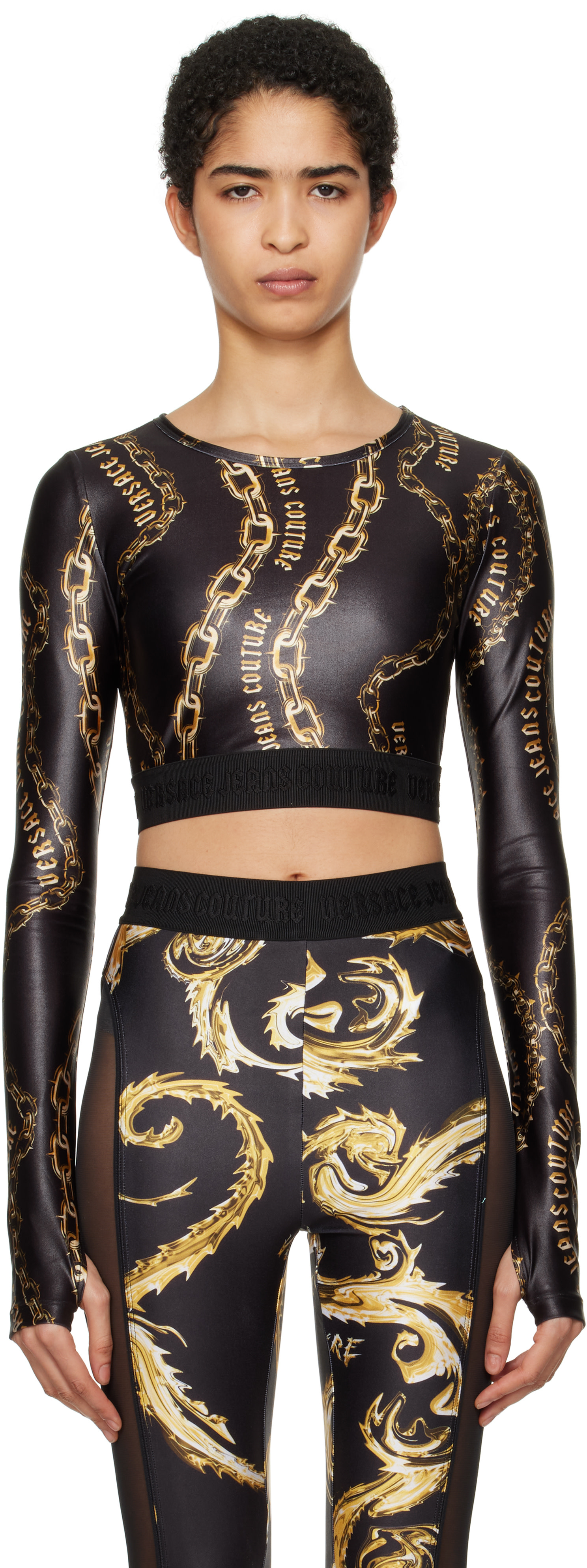 Black Chain Couture Crop T-shirt by Versace Jeans Couture on Sale