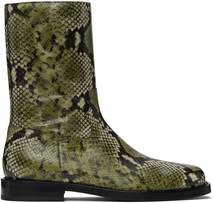 Dries Van Noten: Green Snake-Embossed Leather Boots | SSENSE