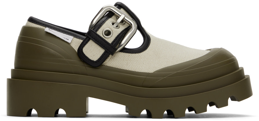Bottega Veneta: Beige & Khaki Trek Mary-Jane Loafers | SSENSE