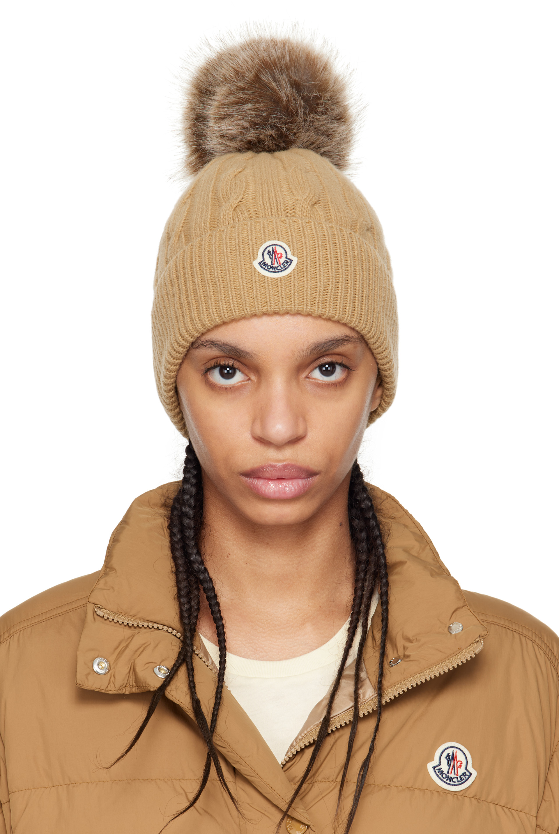 MONCLER ベージュ ニット帽 Moncler: Beige Wool & Cashmere Pom Pom Beanie | SSENSE