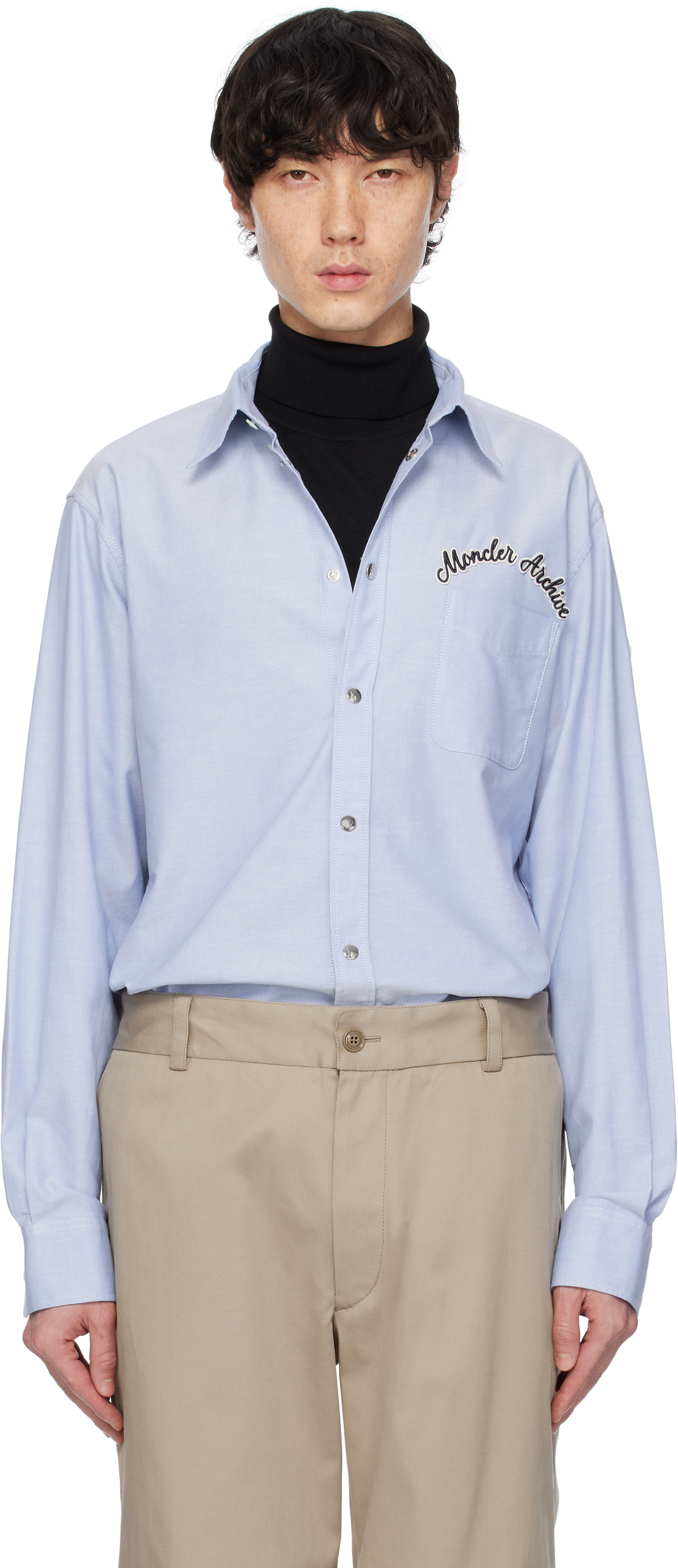 【最終値下げ】MONCLER GAMME BLEU メンズシャツ【XL】 Moncler: Blue Embroidered Logo Oxford Cotton Shirt | SSENSE