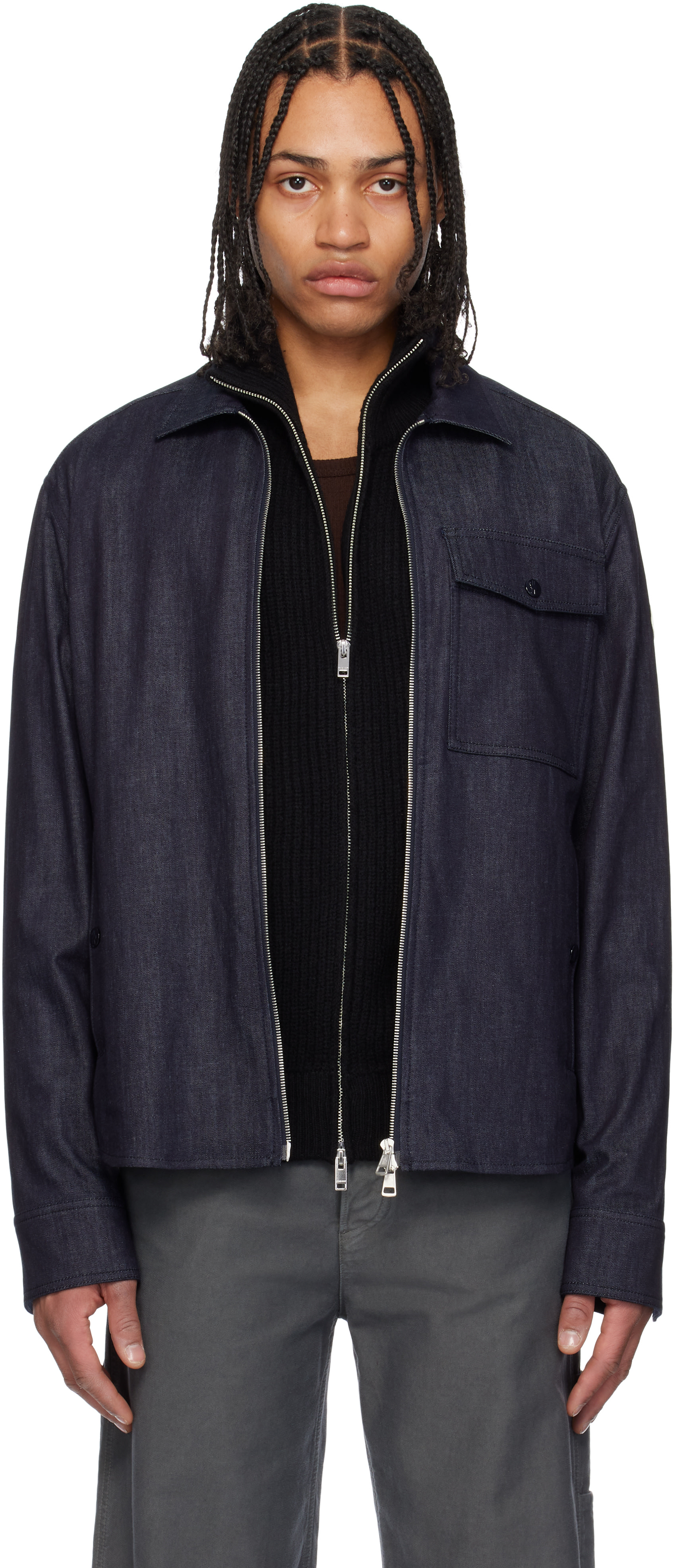 Moncler: Blue Long Sleeve Zip-Up Denim Jacket | SSENSE