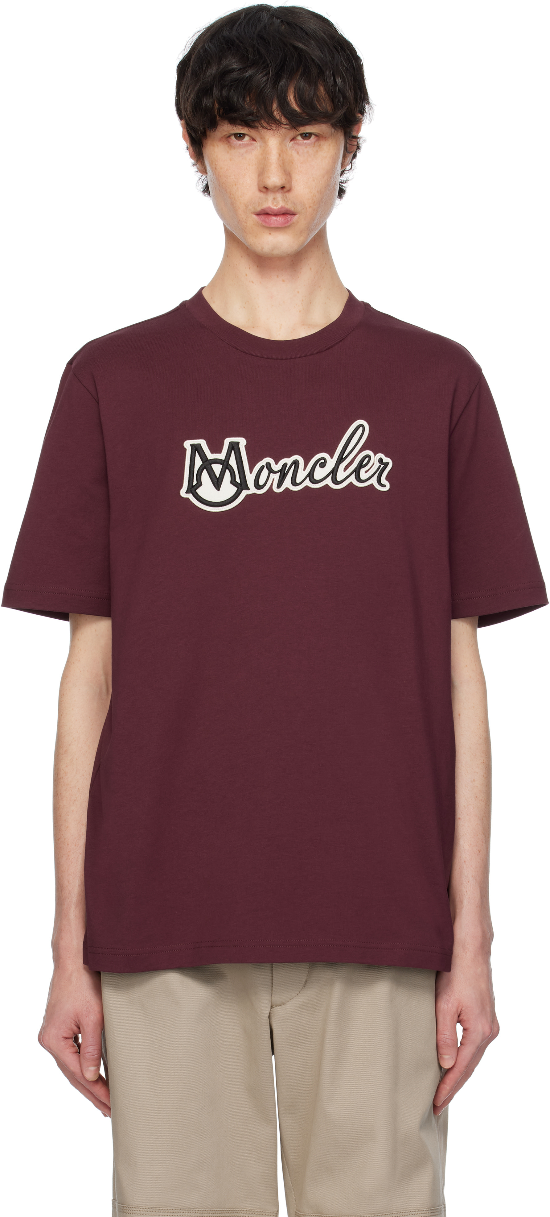 Moncler: Burgundy Embroidered Varsity Logo Cotton T-shirt | SSENSE