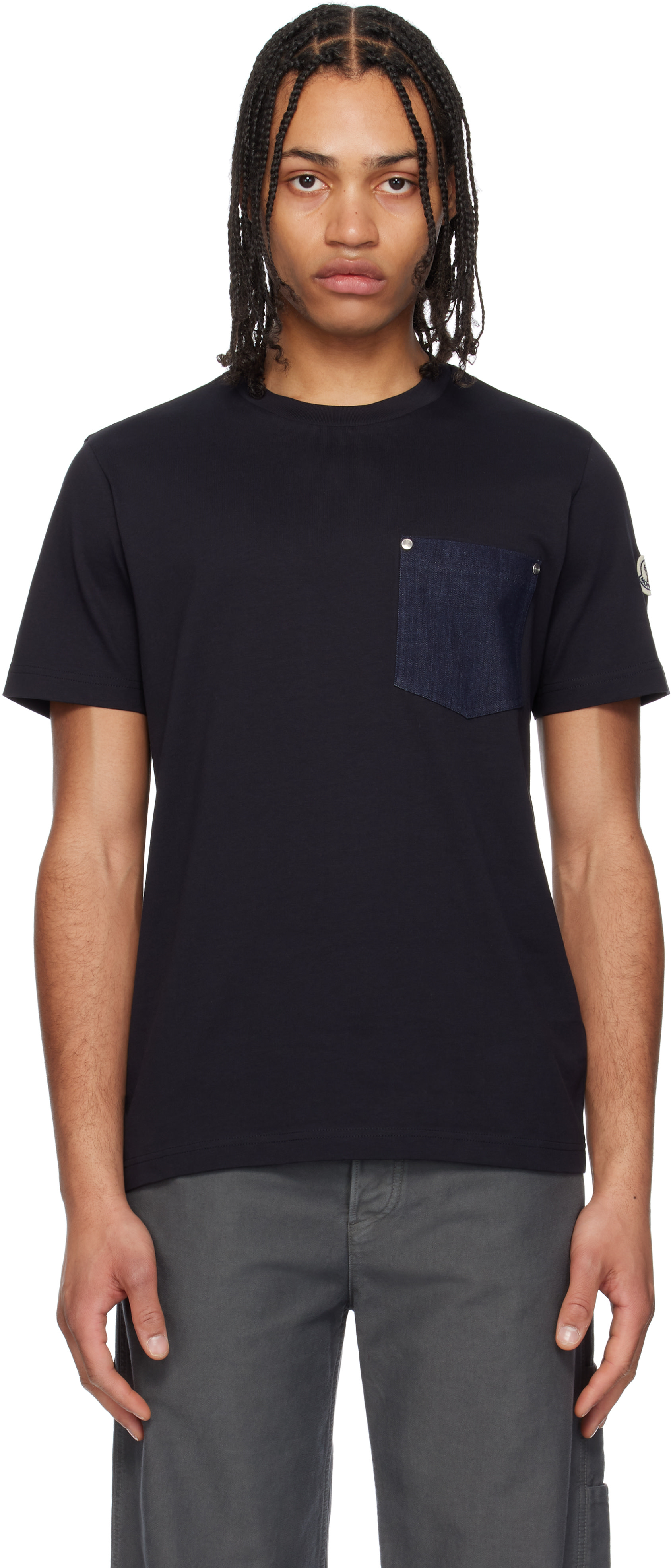 MONCLER ネイビー Tシャツ 2ポケット Moncler: ネイビー コットン＆デニム ポケットTシャツ | SSENSE 日本