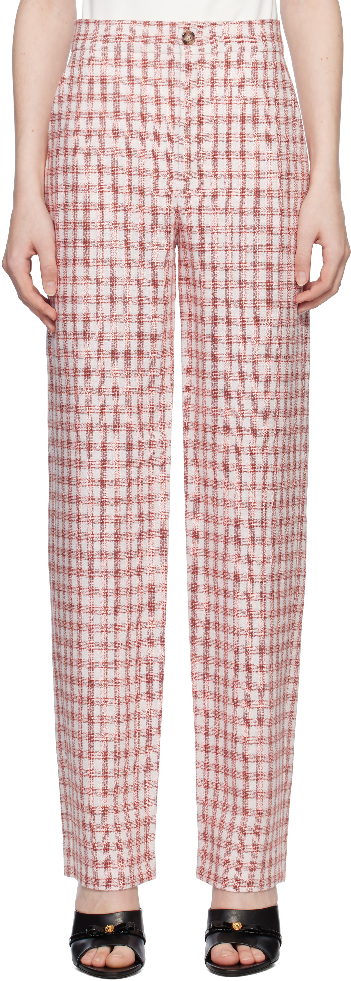 Moschino Jeans: Red Viscose-Linen Check Trousers | SSENSE