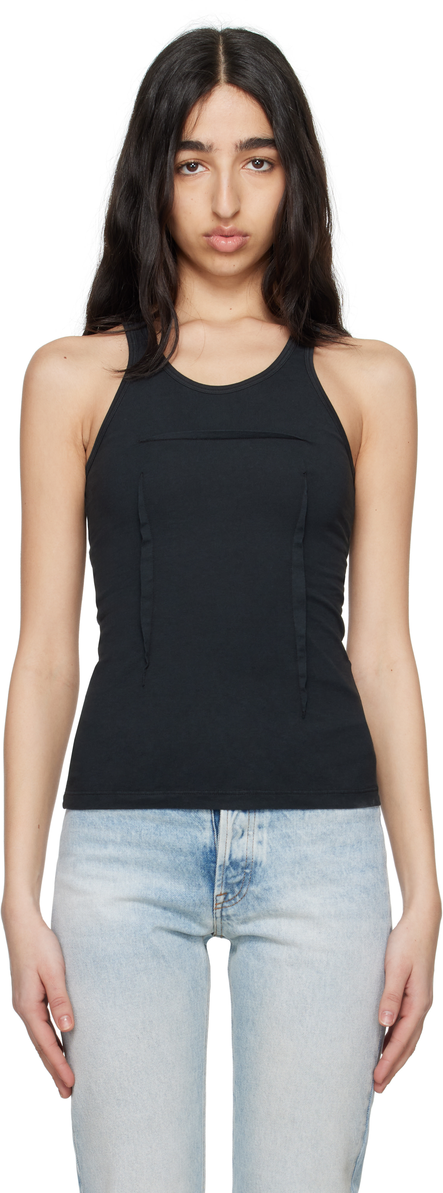 MM6 Maison Margiela ブラックタンクトップ MM6 Maison Margiela: Black Lycra Jersey Tank Top | SSENSE