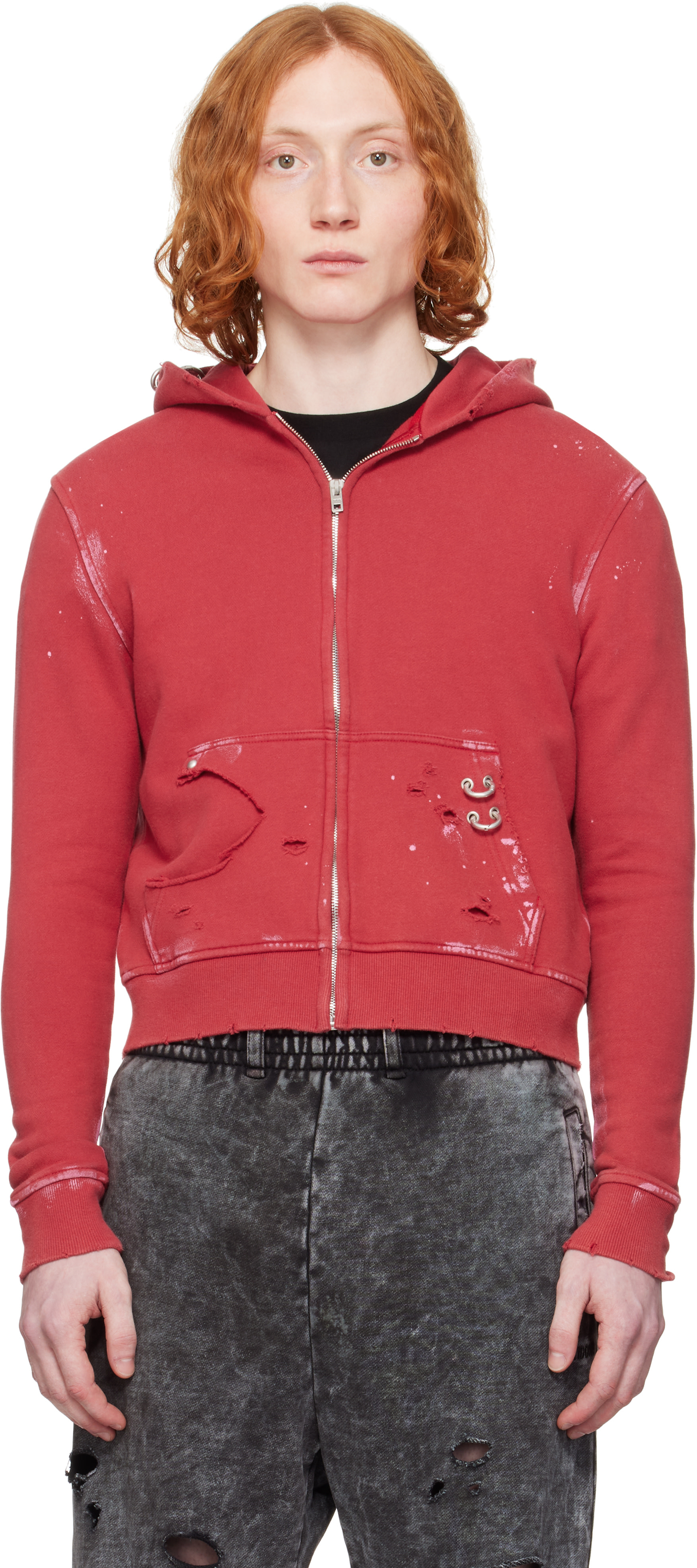 We11done: Red Pierced Zip-Up Hoodie | SSENSE United Kingdom