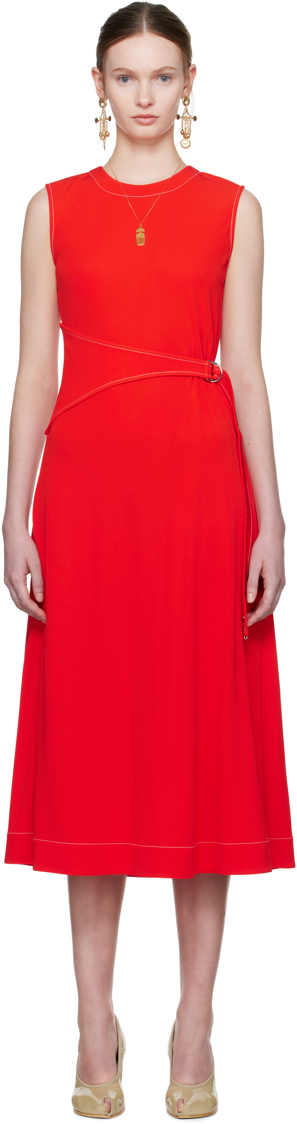 Tory Burch: Red Belted Jersey Midi Dress | SSENSE Argentina