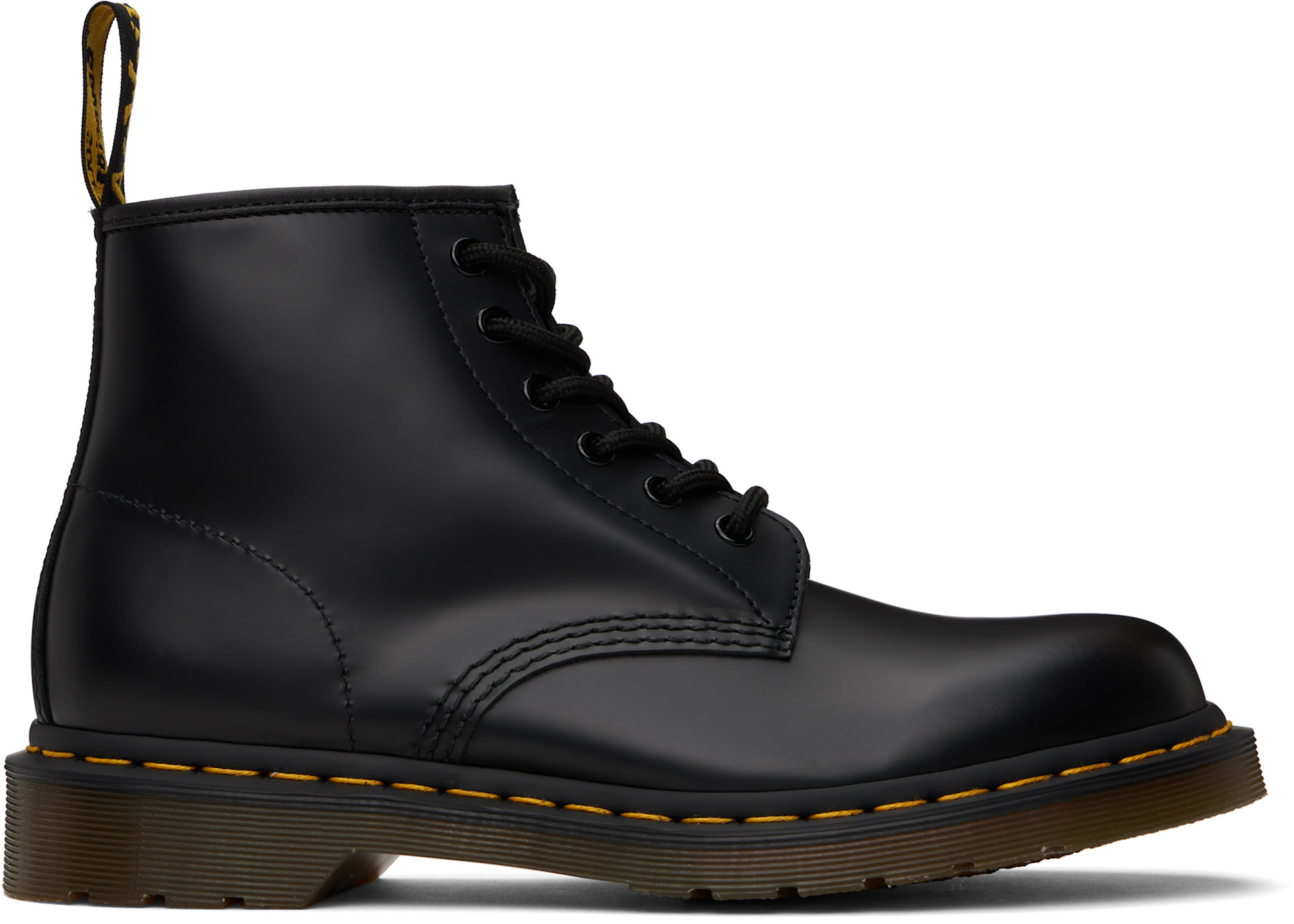 Dr. Martens: Black 101 Yellow Stitch Smooth Leather Ankle Boots Dr. Martens: Black 101 Yellow Stitch Smooth Leather Ankle Boots