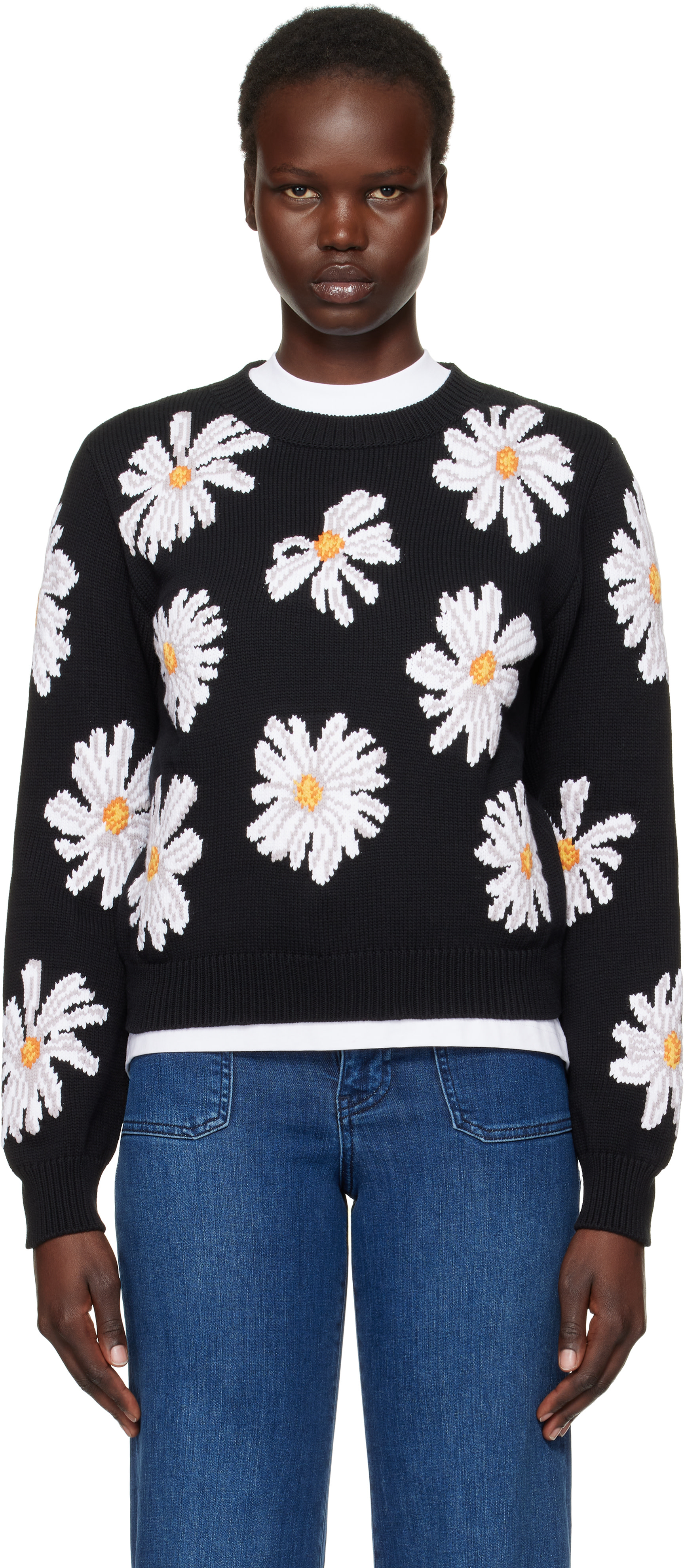 Moschino: Black All Over Daisy Print Sweater | SSENSE