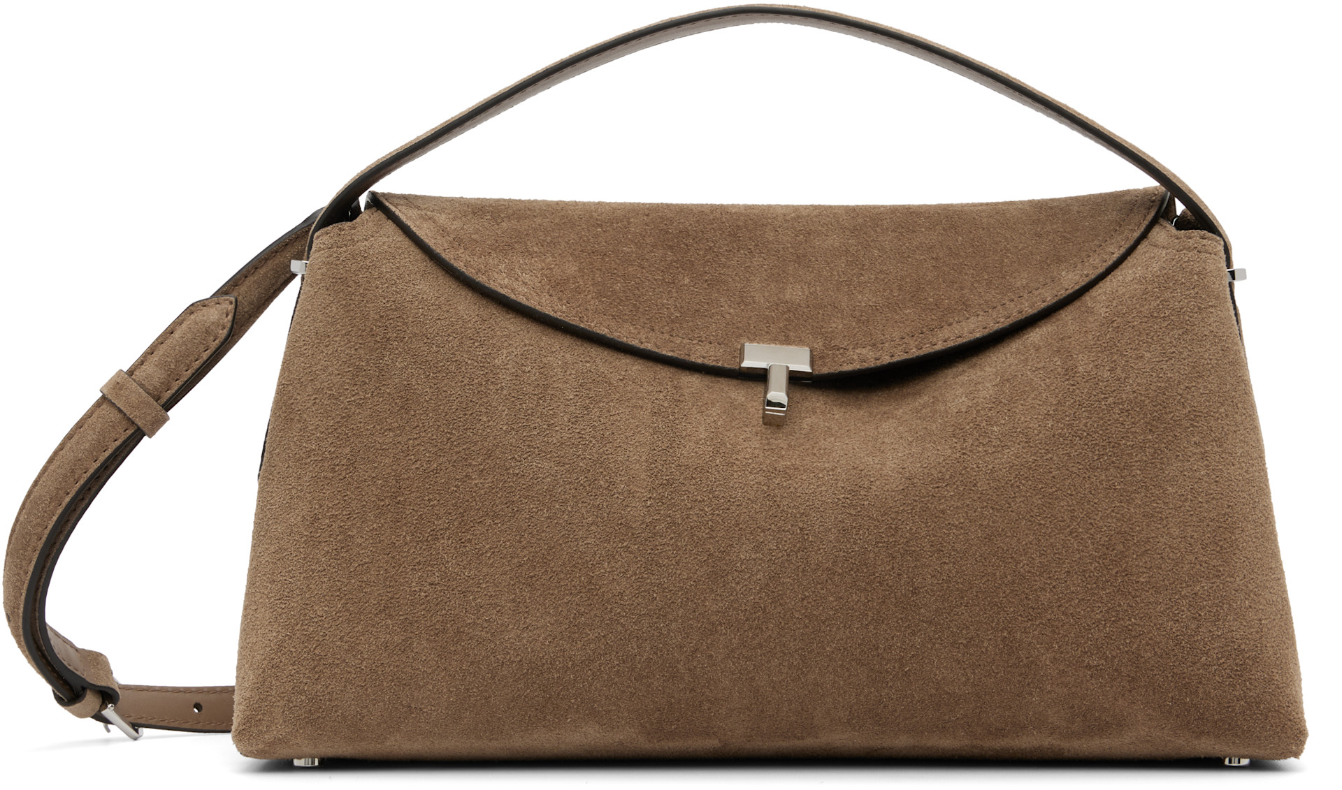 TOTEME: Taupe T-Lock Suede Top Handle Bag | SSENSE TOTEME: Taupe T-Lock Suede Top Handle Bag | SSENSE