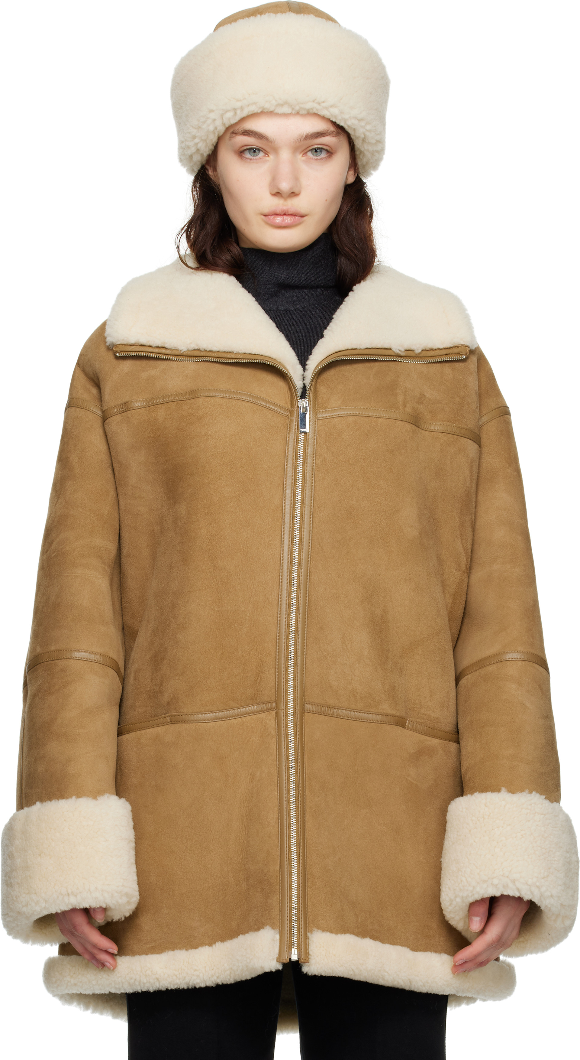 TOTEME: Tan & Off-White Signature Shearling Jacket | SSENSE Hong 
