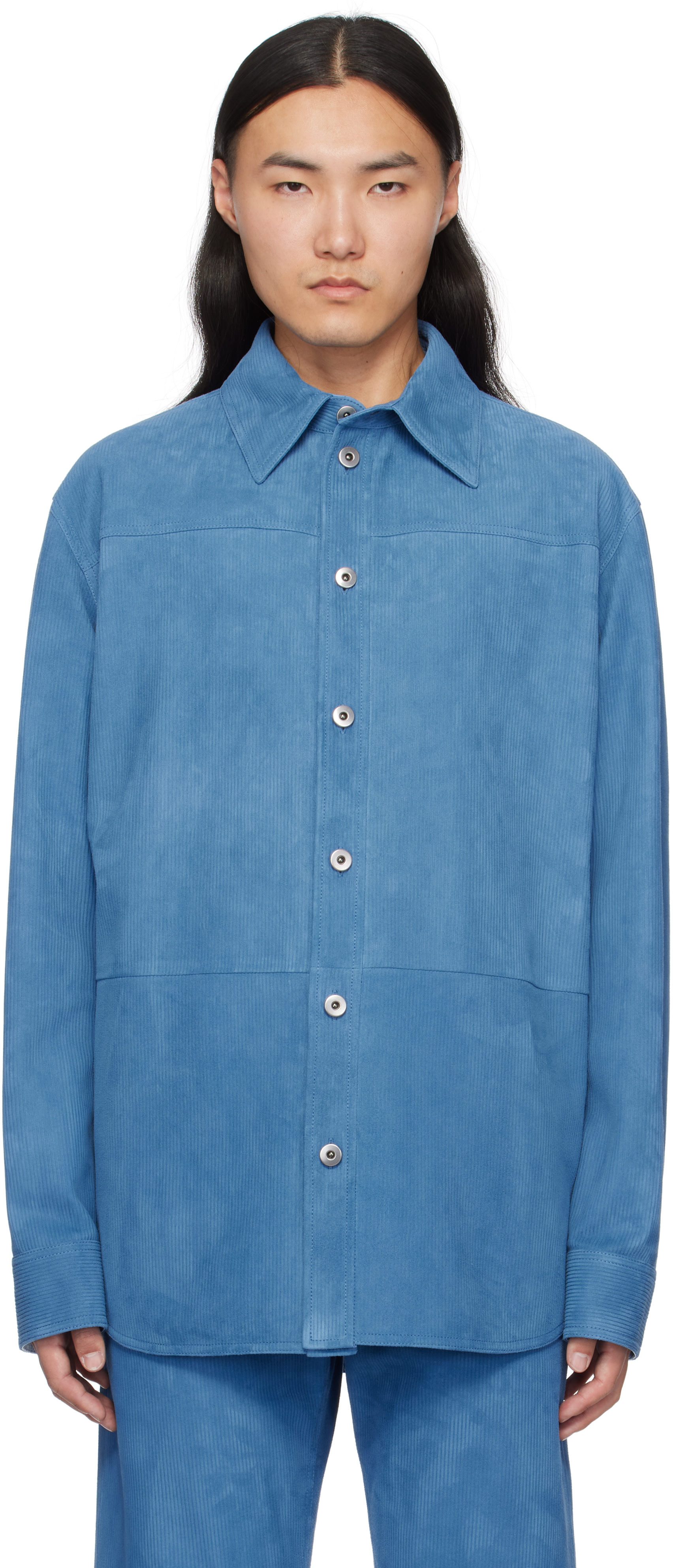 BOTTEGA VENETA スリーブレスシャツ38 Bottega Veneta: Blue Embossed Corduroy Suede Shirt | SSENSE