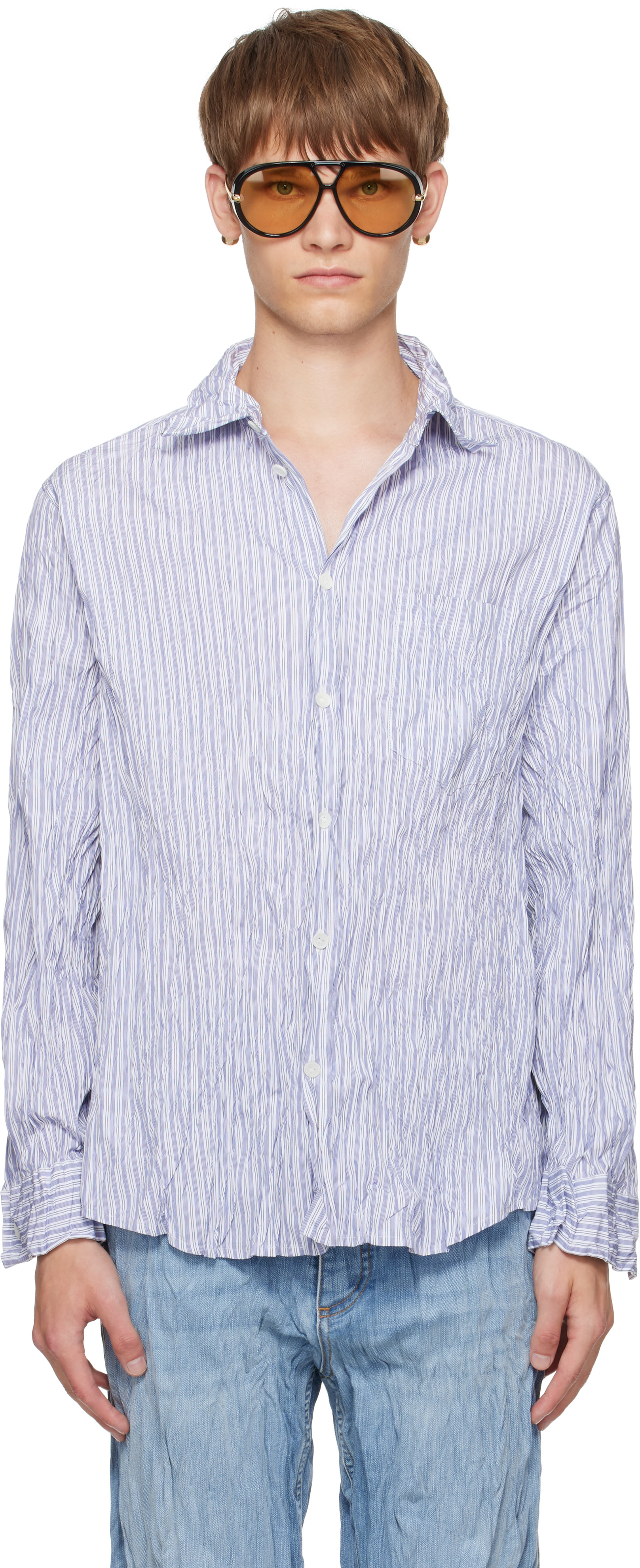 Bottega Veneta: White & Navy Crushed Cotton Striped Shirt | SSENSE