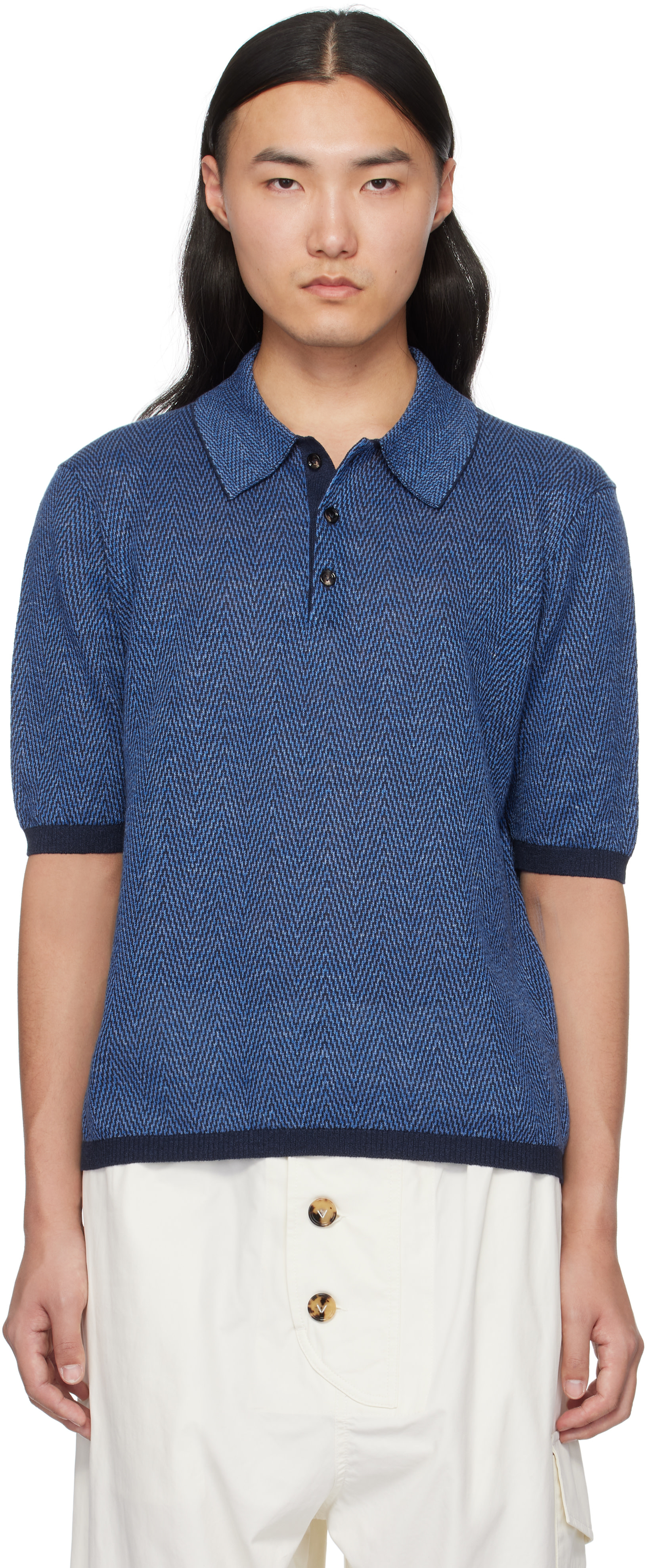 Bottega Veneta: Blue Linen Chevron Knit Polo | SSENSE