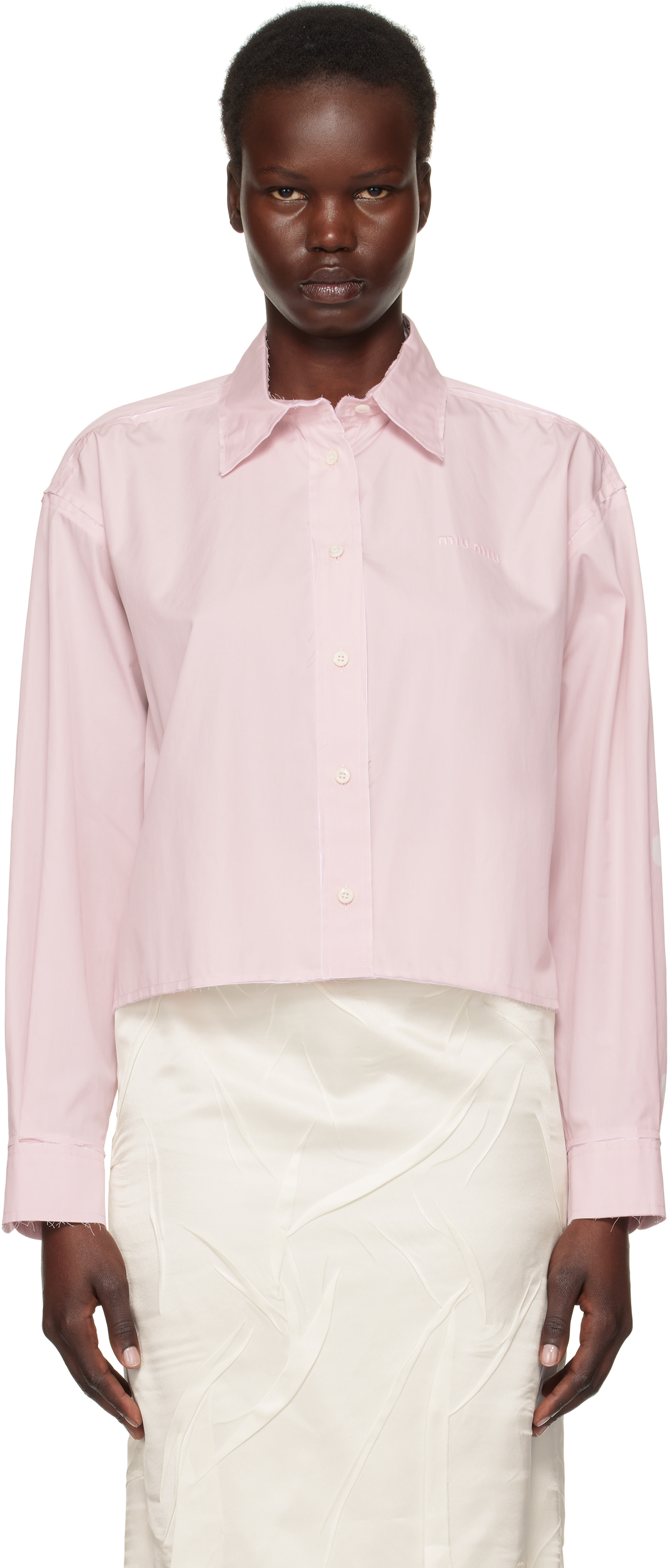 Miu Miu: Pink Cropped Poplin Shirt | SSENSE Canada