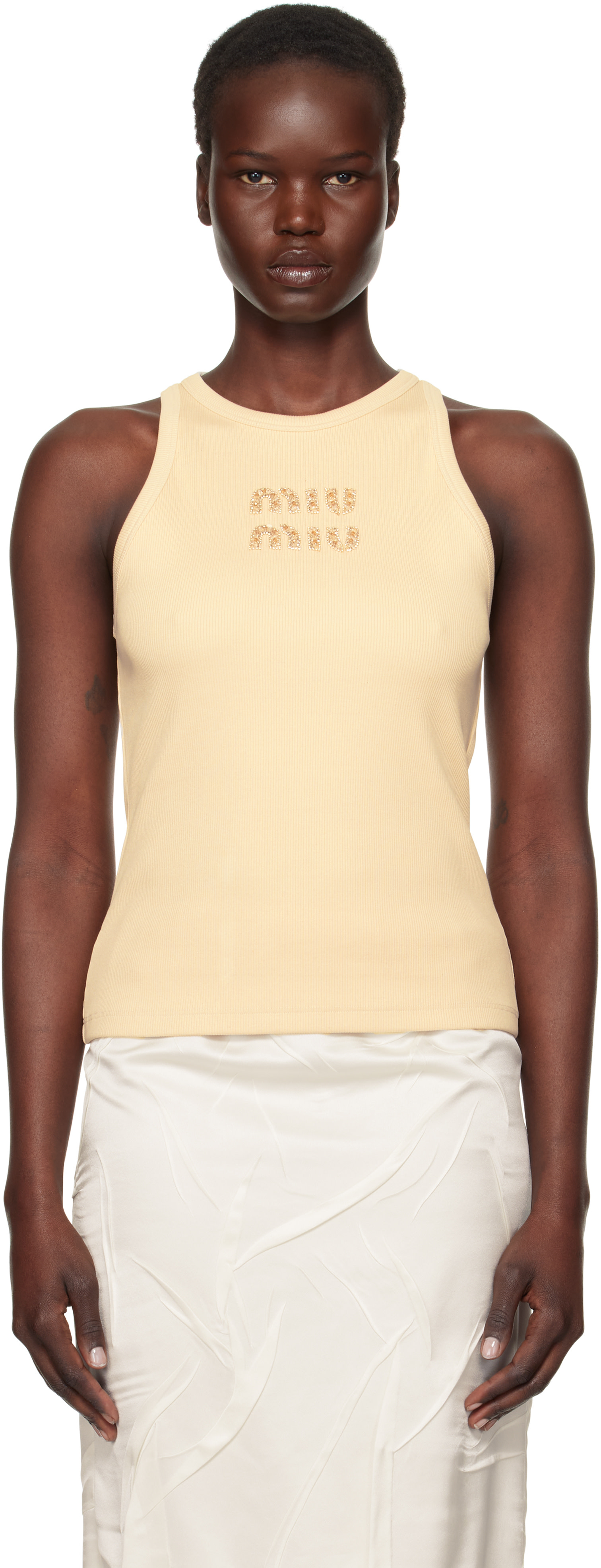 Miu Miu: Beige Embroidered Logo Ribbed Jersey Tank Top | SSENSE Canada
