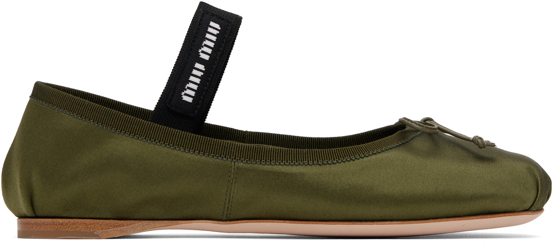 Miu Miu: Green Satin Ballerina Flats | SSENSE Canada