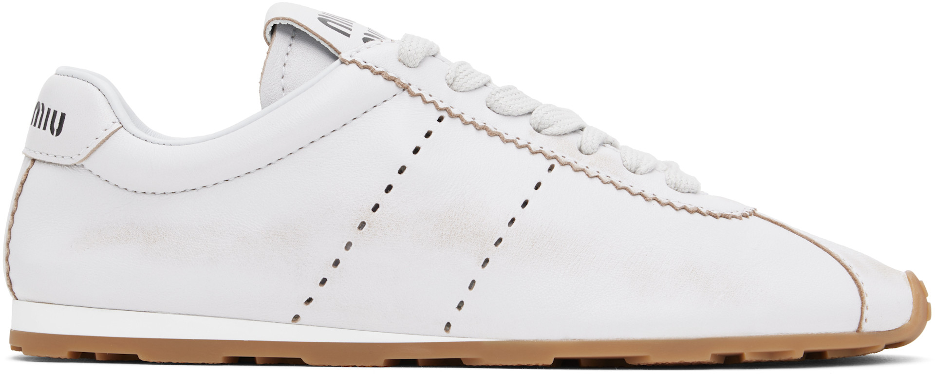 Miu Miu: White Plume Bleached Nappa Leather Sneakers | SSENSE Canada